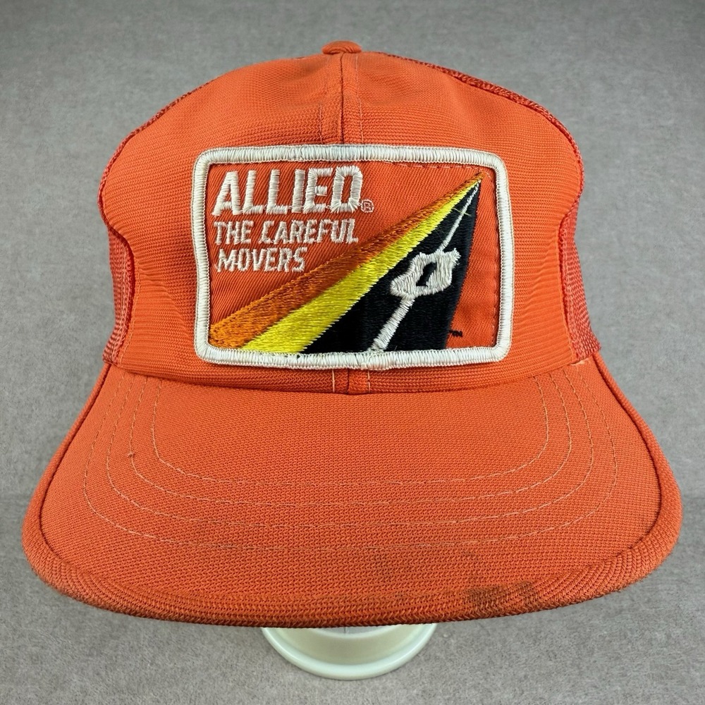 Vintage Allied The Careful Movers Trucker Hat Snapback Mesh Cap Orange Patch